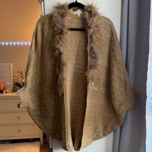 Freeway Tan Knit Cape with Faux Fur Collar